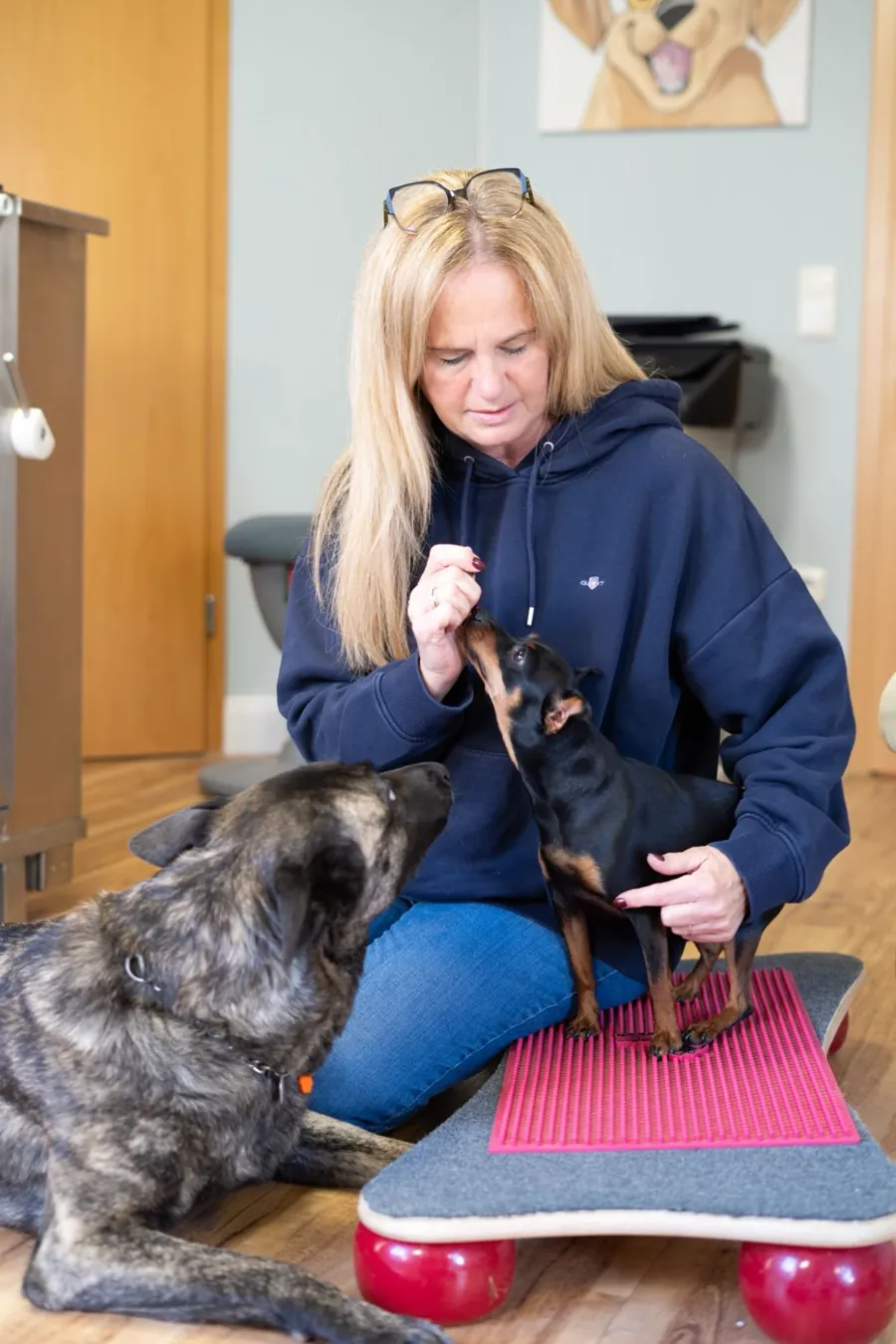 Alexandra Ulrich übt mit einem kleinen Hund auf dem Balance-Board